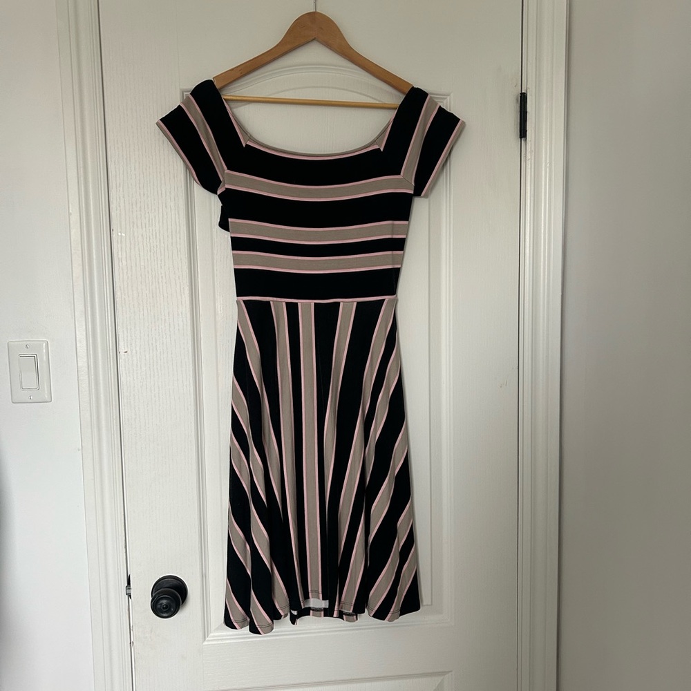 LOFT Black and Blush Striped Fit-and-Flare Midi Dress